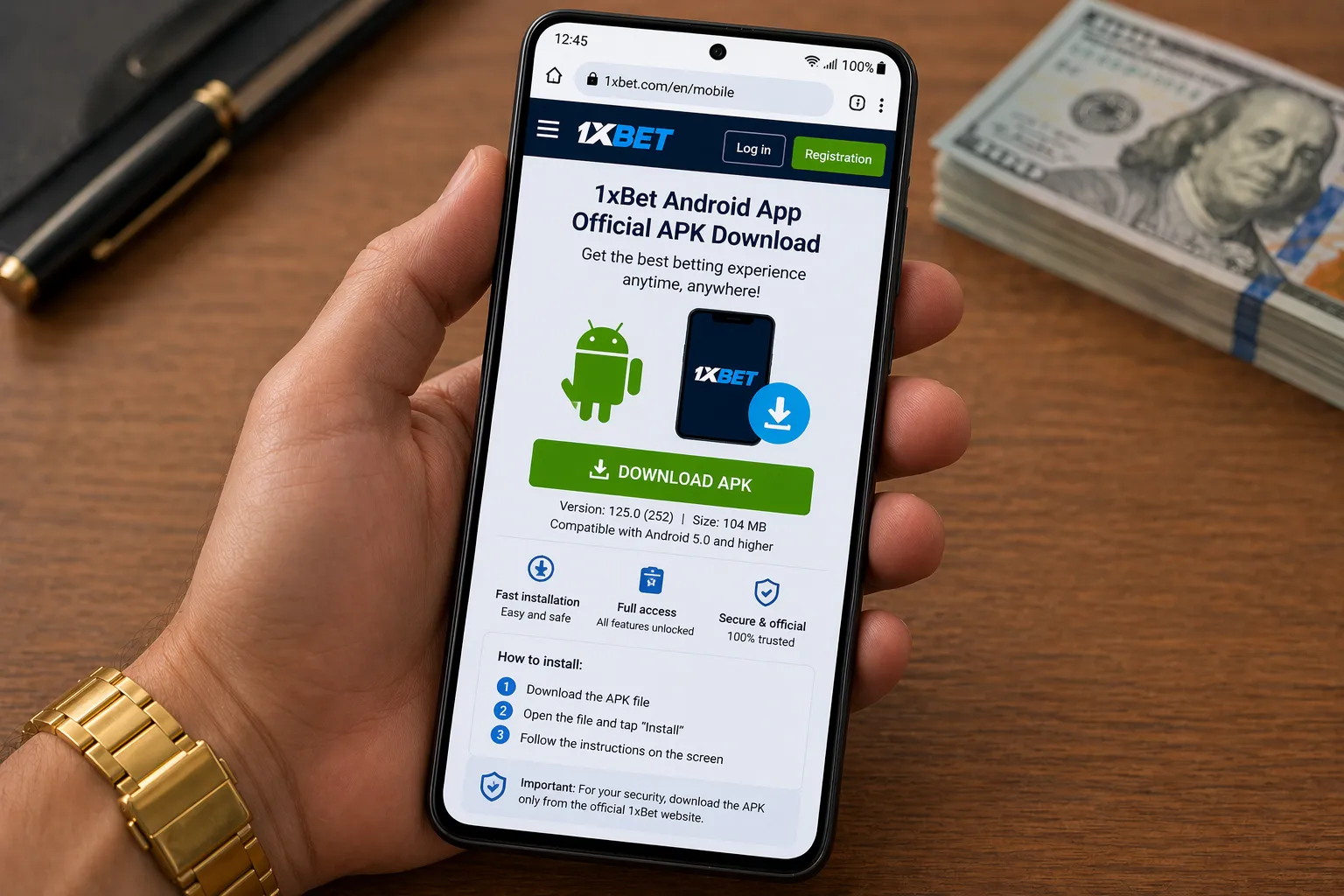 Official 1xBet mobile app homepage screenshot on a smartphone, showing the sports lobby, live events, and quick navigation menu