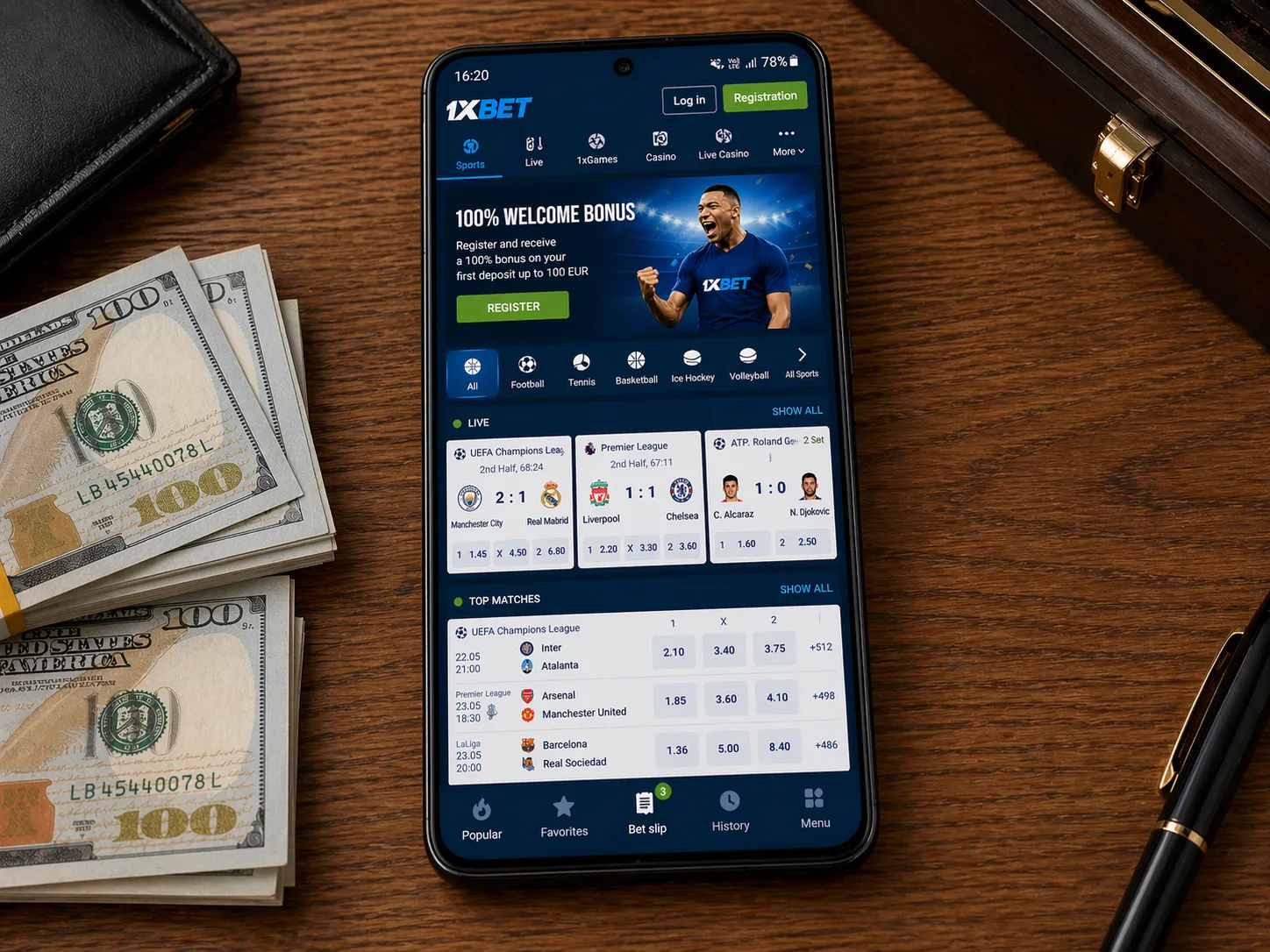 Official 1xBet Android app interface on  smartphone showing the main sports lobby with live events and quick navigation