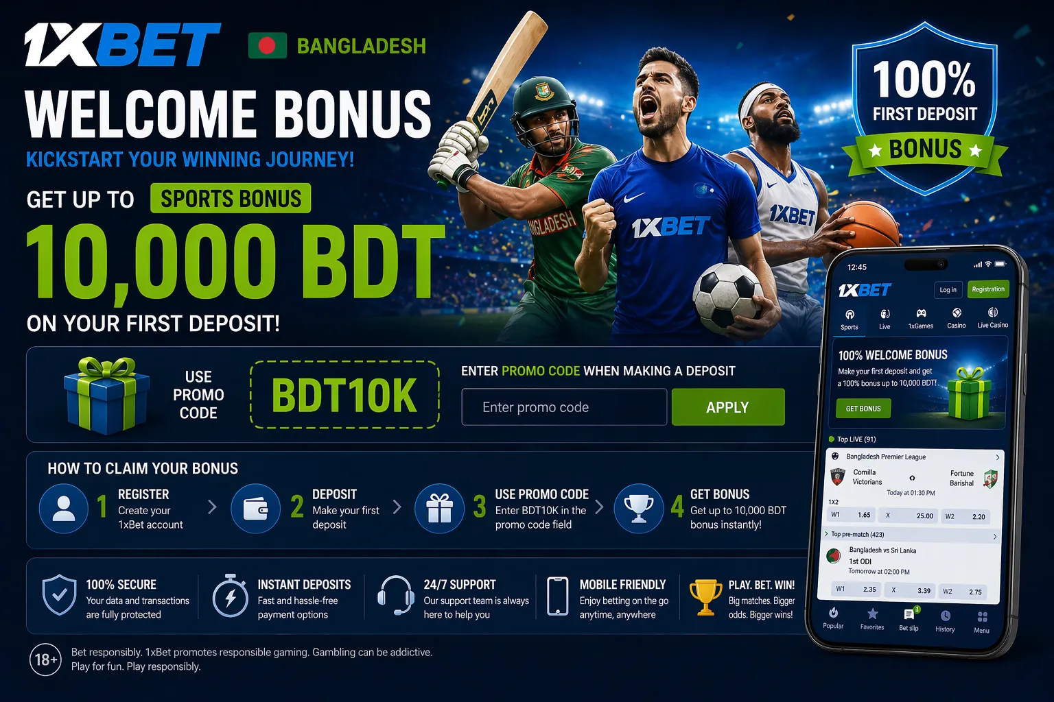 1xBet Bangladesh welcome bonus banner displaying sports bonus in BDT and promo code field