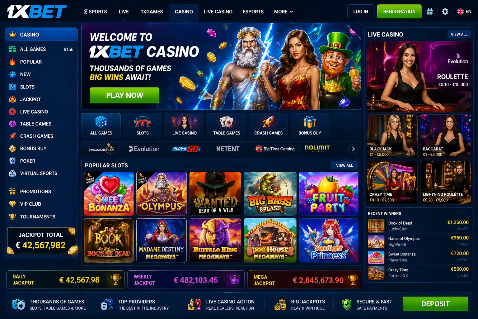 Vibrant screenshot of the 1xBet Casino lobby showcasing popular slots, categories, and live casino section