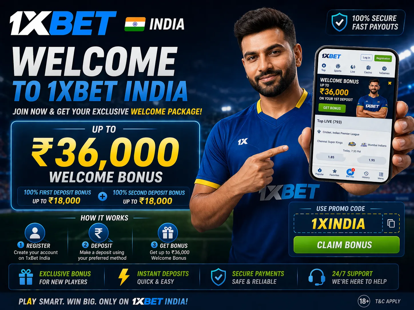 Screenshot of 1xBet India welcome bonus banner showing welcome package amount in INR and promo code field