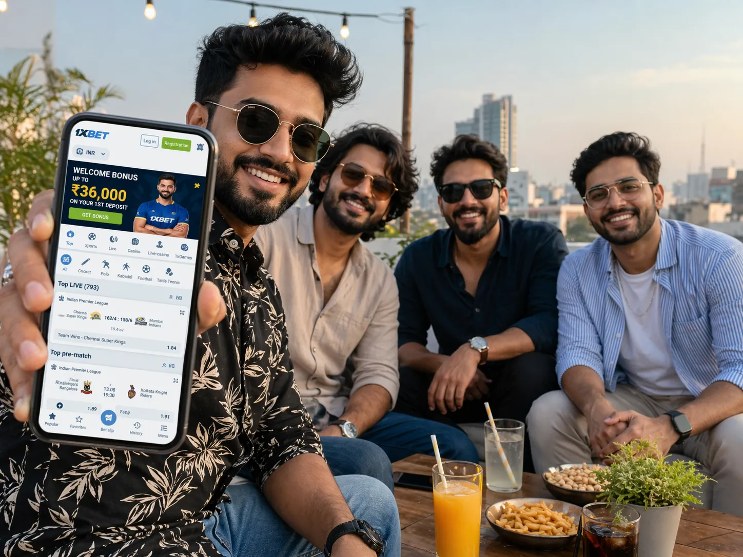 Official 1xBet India homepage screenshot showing Indian rupee (INR) currency, cricket matches, and prominent welcome bonus banner