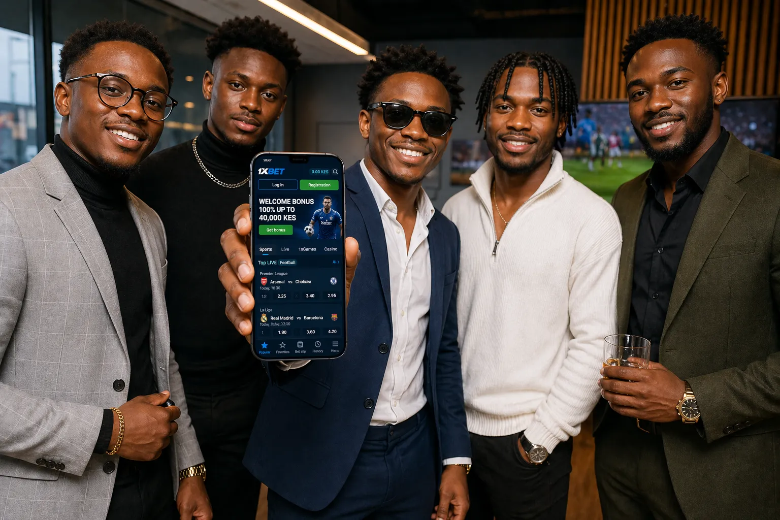 1xBet Kenya homepage screenshot showing KES currency, popular football matches, and welcome bonus banner