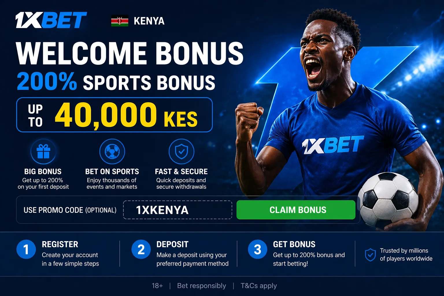 Current 1xBet Kenya welcome bonus banner showing 200% sports bonus in KES and promo code field