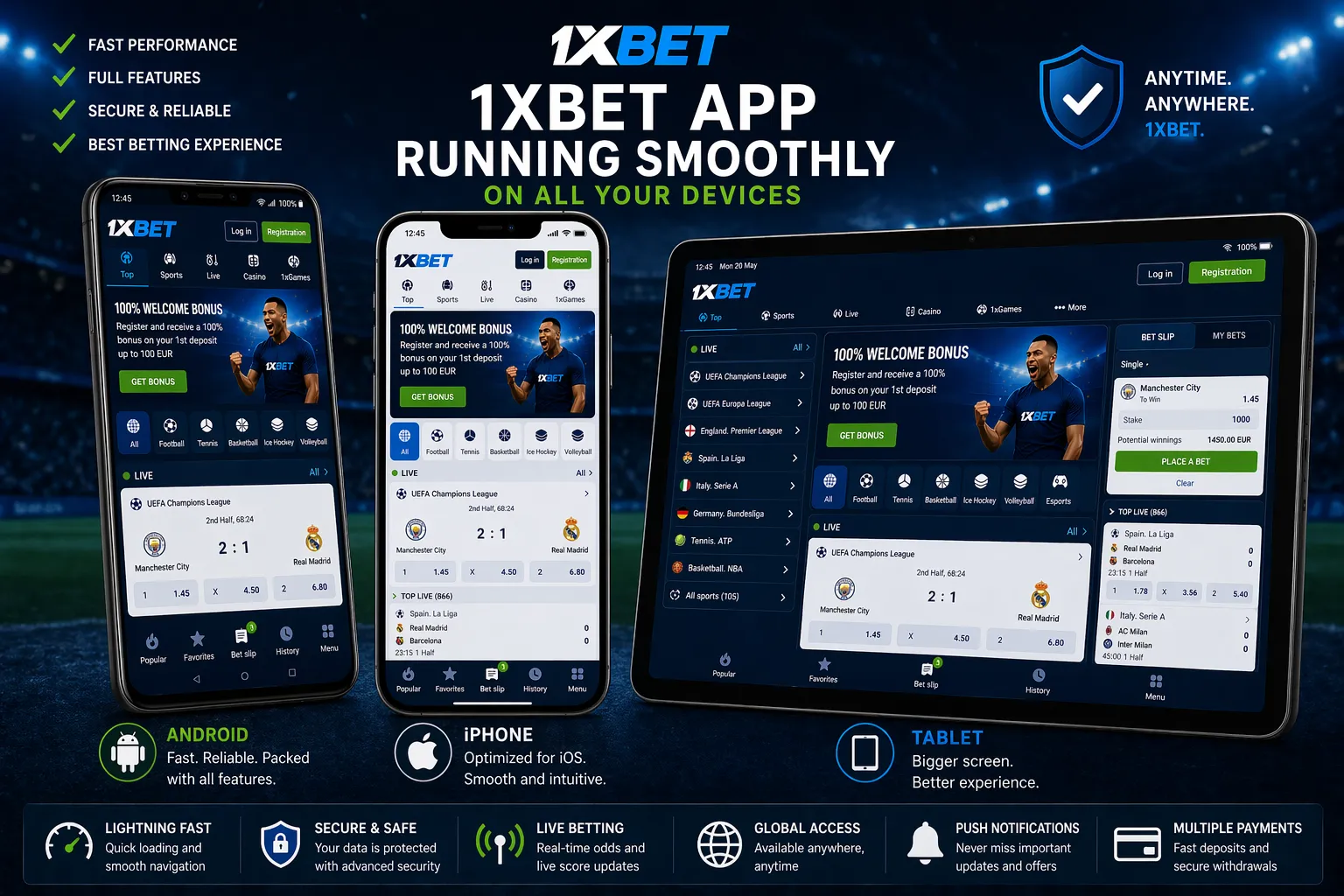 Collage of 1xBet app running smoothly on different devices — Android phone, iPhone, and tablet