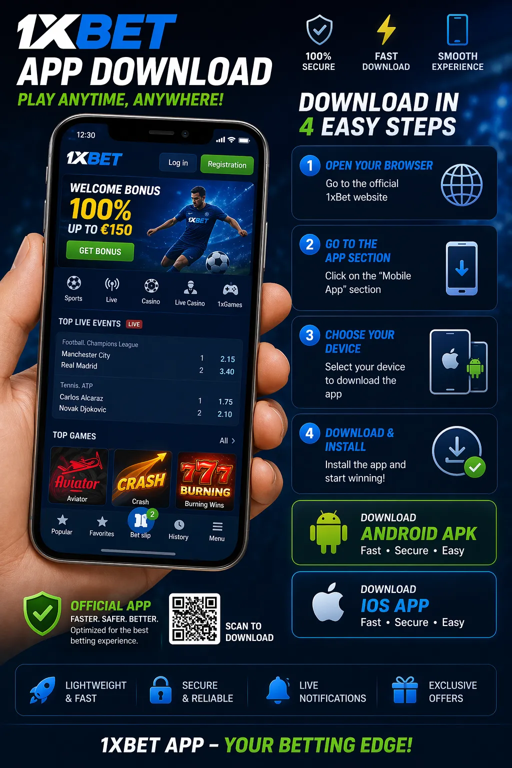 Close-up of 1xBet mobile interface showing bottom navigation, sports list, and live betting screen with odds