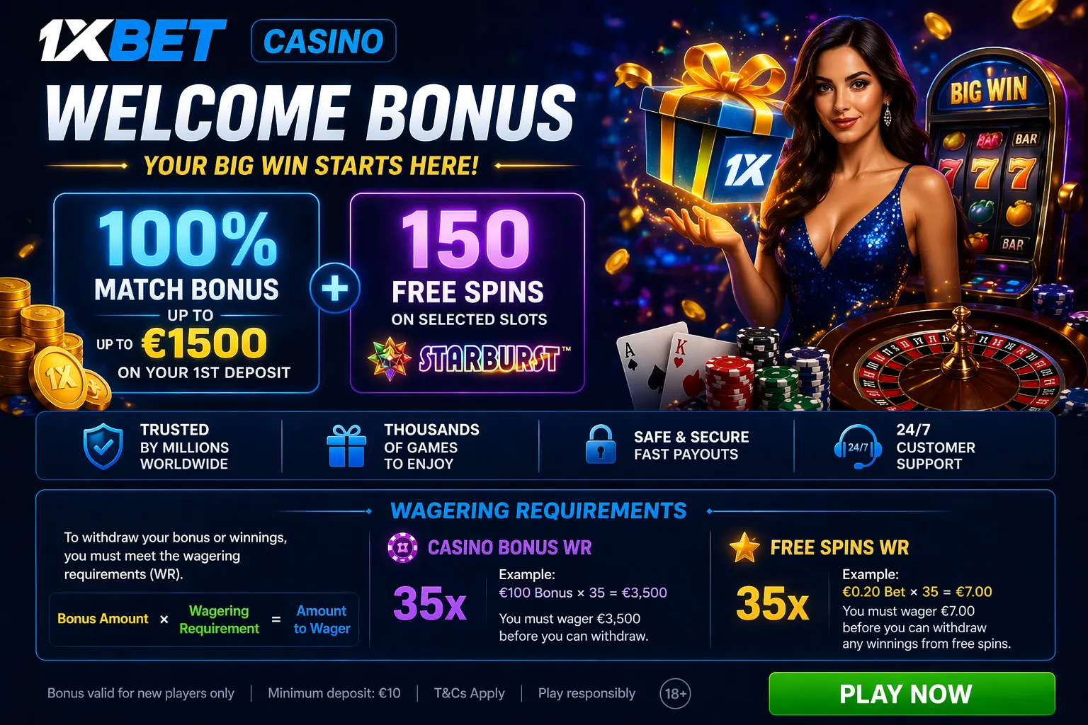 1xBet casino welcome bonus banner showing match percentage, free spins, and wagering requirements