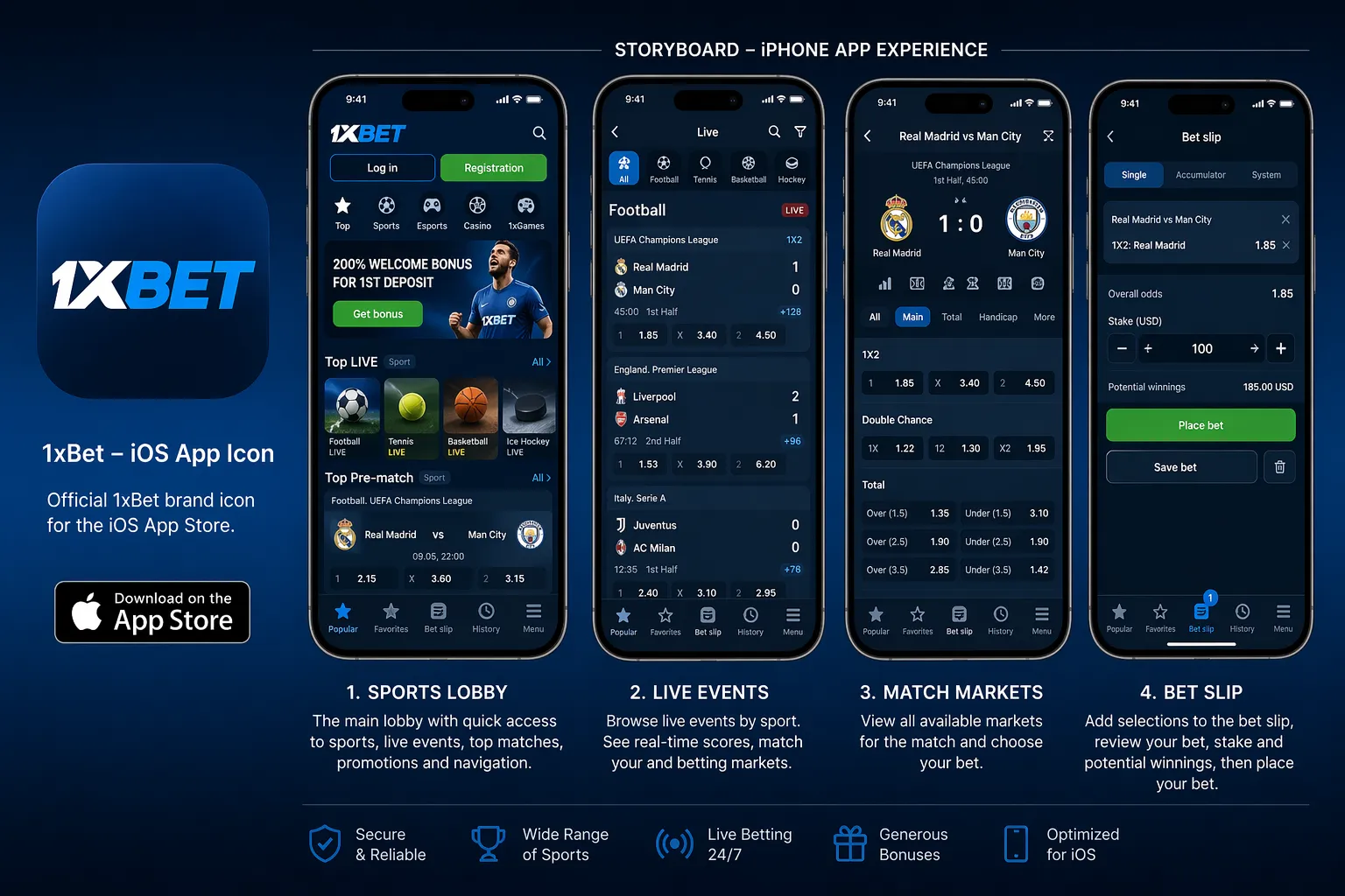 Official 1xBet iOS app icon and homepage screenshot on an iPhone showing the sports lobby and live events