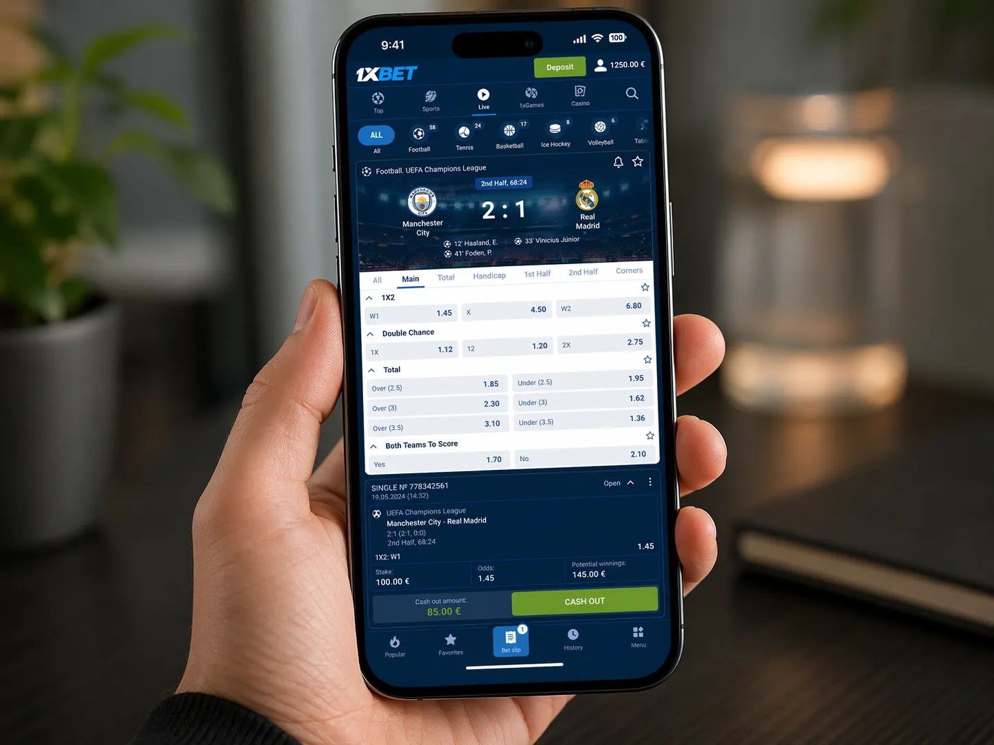 1xBet mobile app interface displaying live betting screen with real-time odds and cash-out button