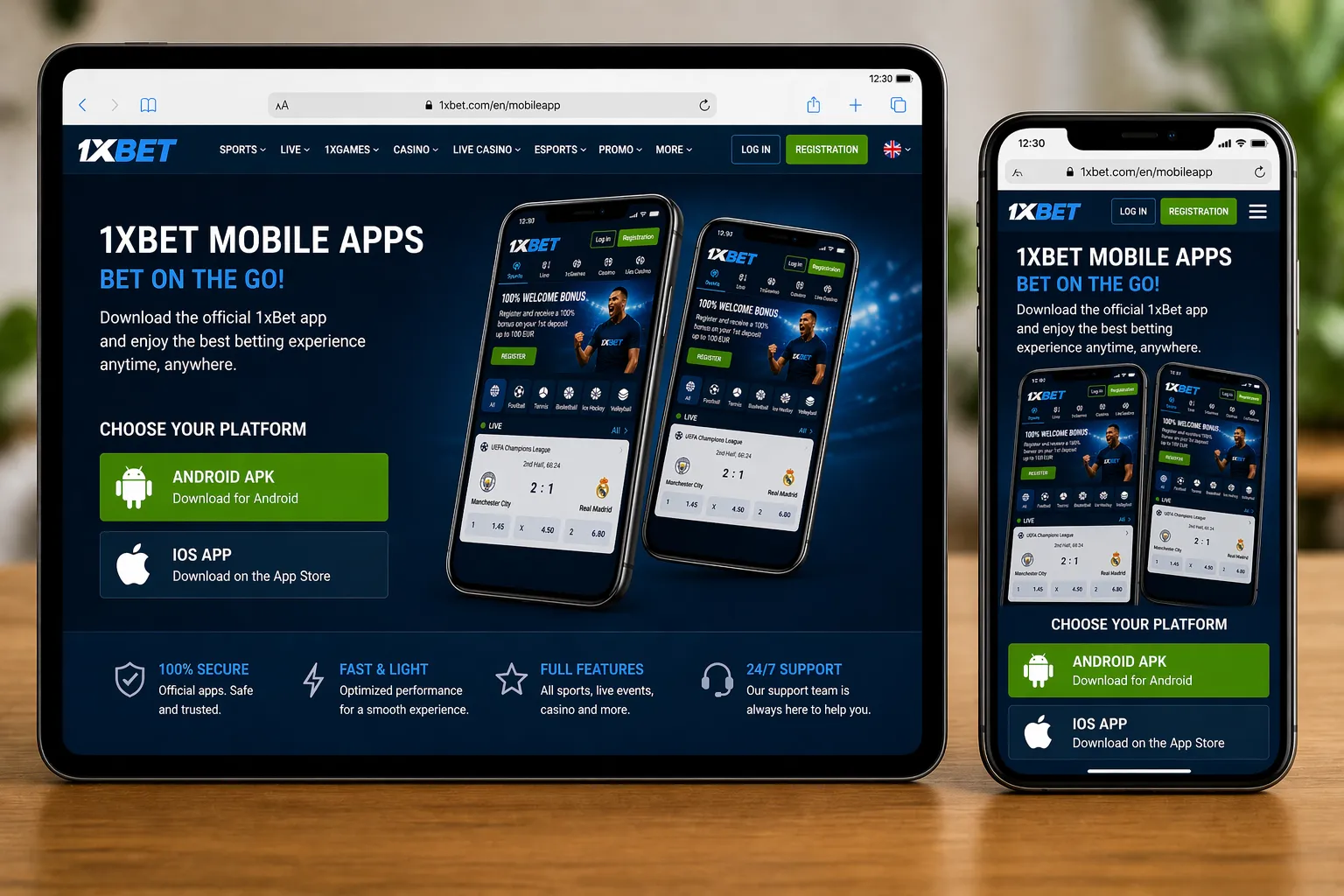 Responsive 1xBet mobile website homepage on a smartphone, displaying the sports menu, live events, and quick navigation