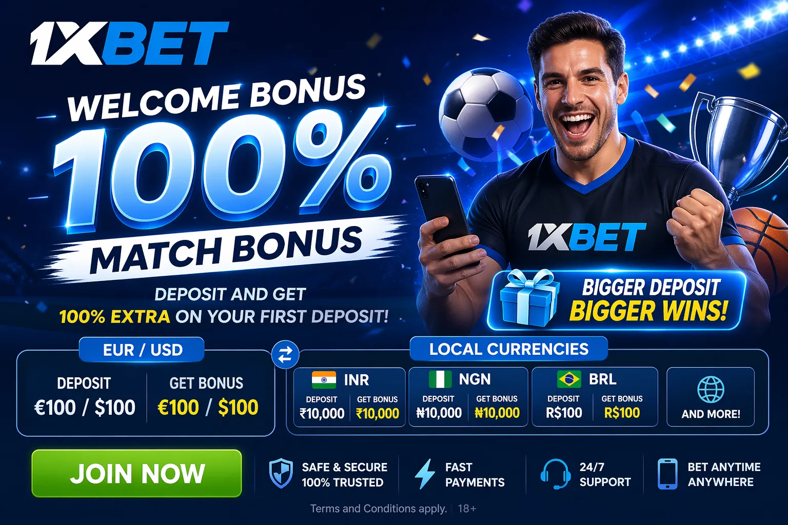 1xBet welcome bonus banner showing 100% match bonus with amount in EUR/USD and local currencies