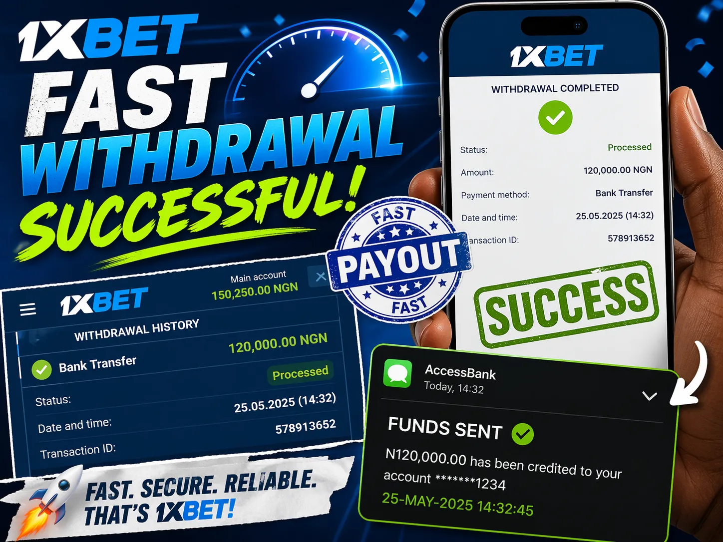 Dynamic screenshot of a successful fast 1xBet withdrawal confirmation with "Funds Sent" message and timestamp