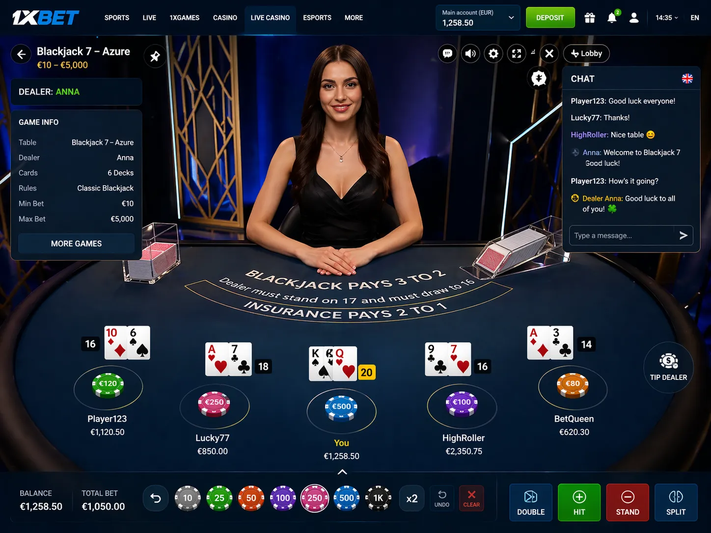 Live dealer blackjack or roulette table in 1xBet casino with real croupier, betting interface, and chat window visible