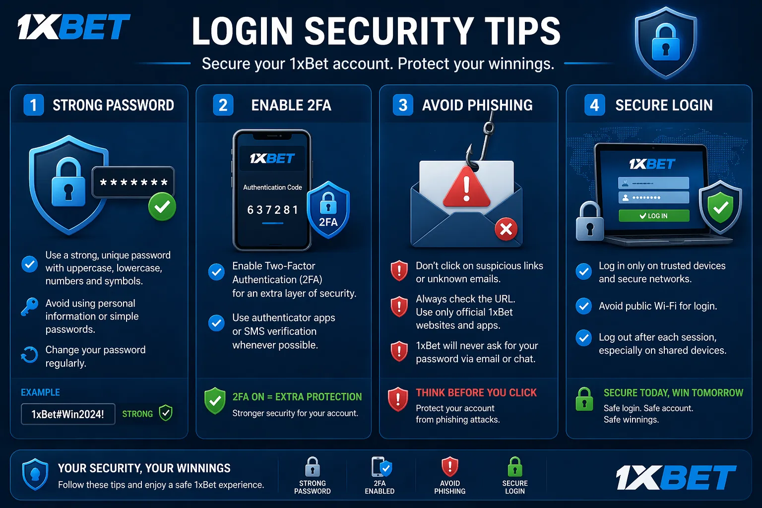 Account security tips covering strong passwords, two-factor authentication, phishing, and secure login