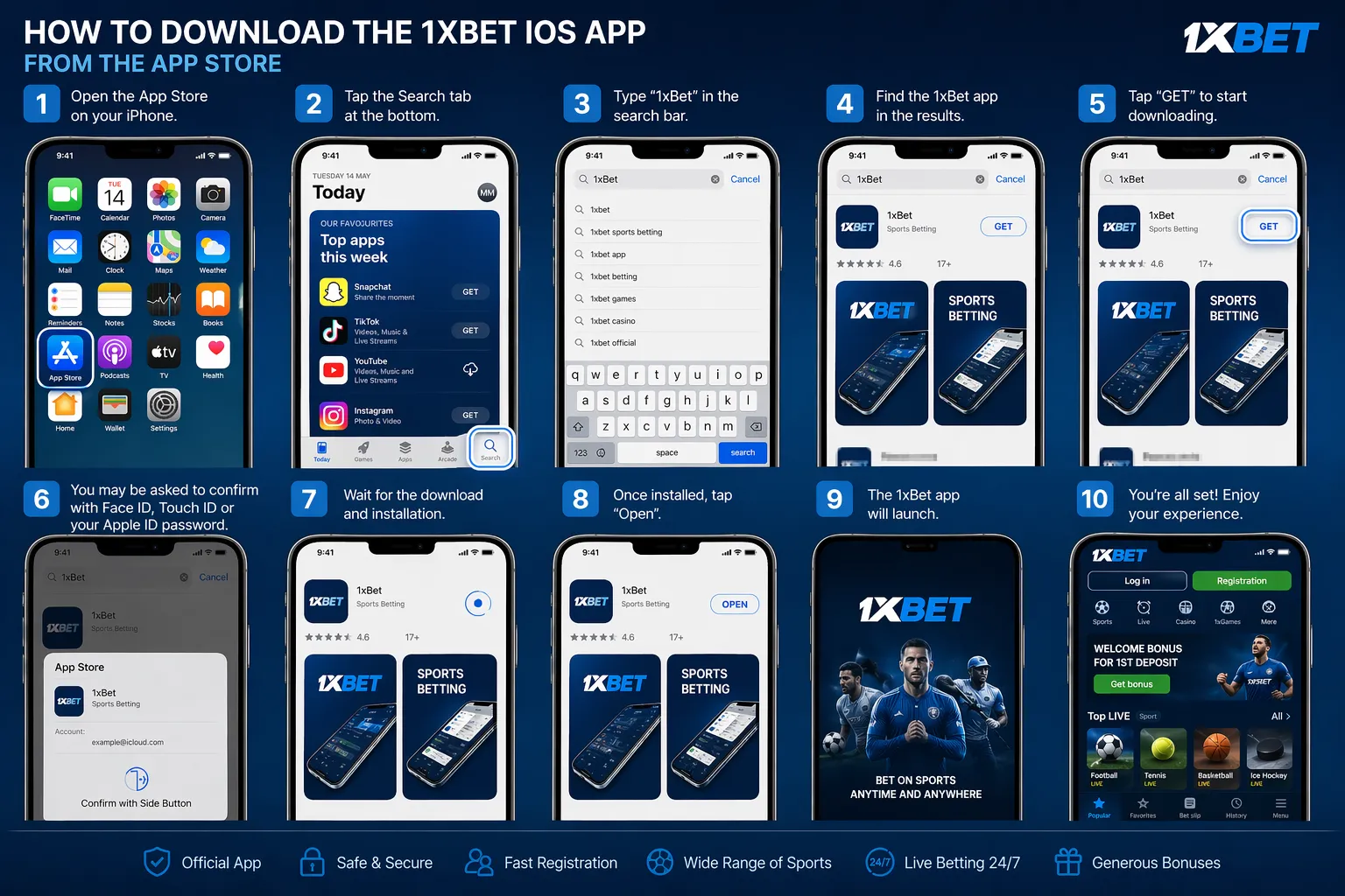 Step-by-step screenshots of downloading the 1xBet iOS app from the App Store and via the website