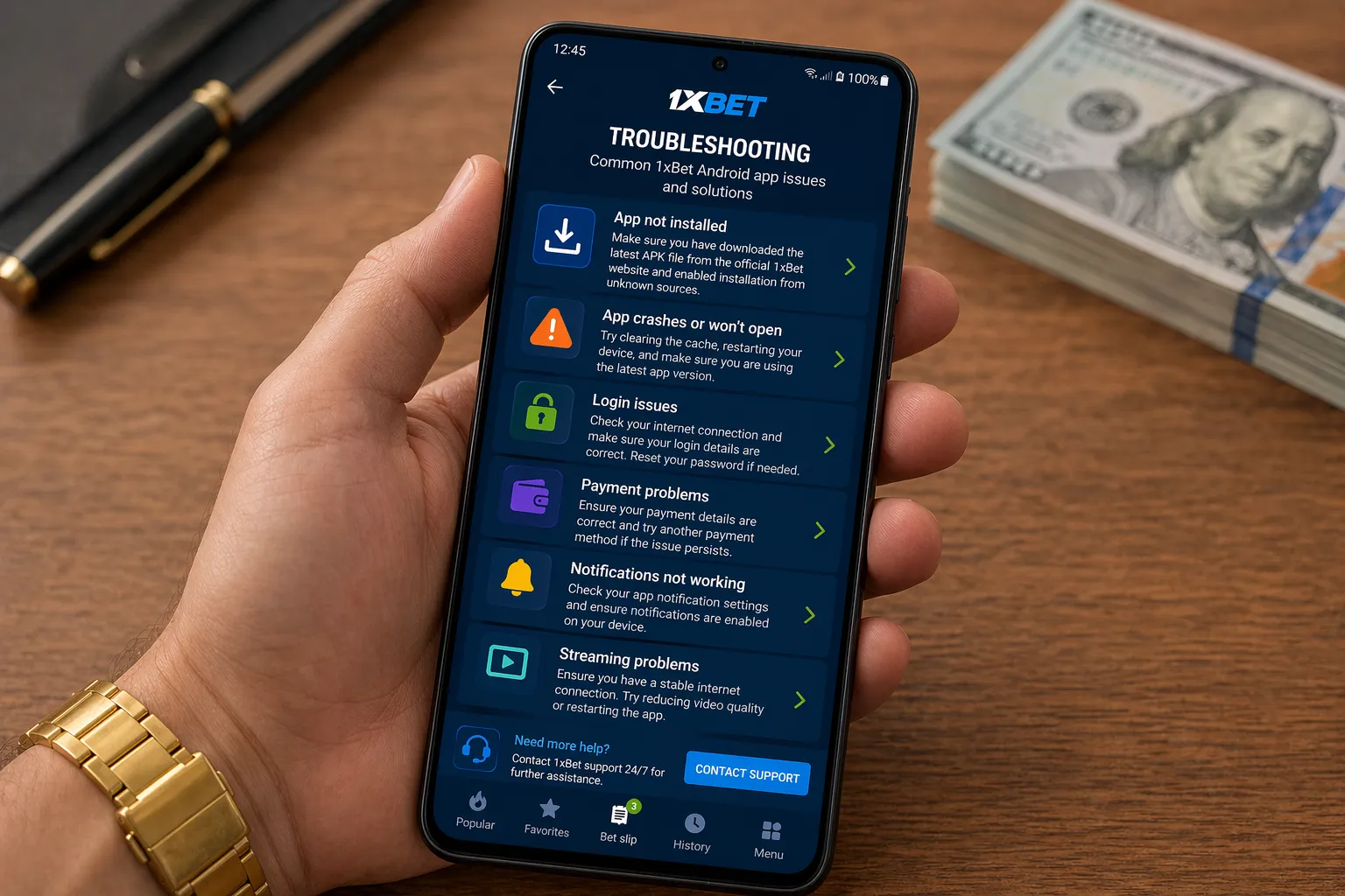 Troubleshooting section showing common 1xBet Android app issues with solution icons
