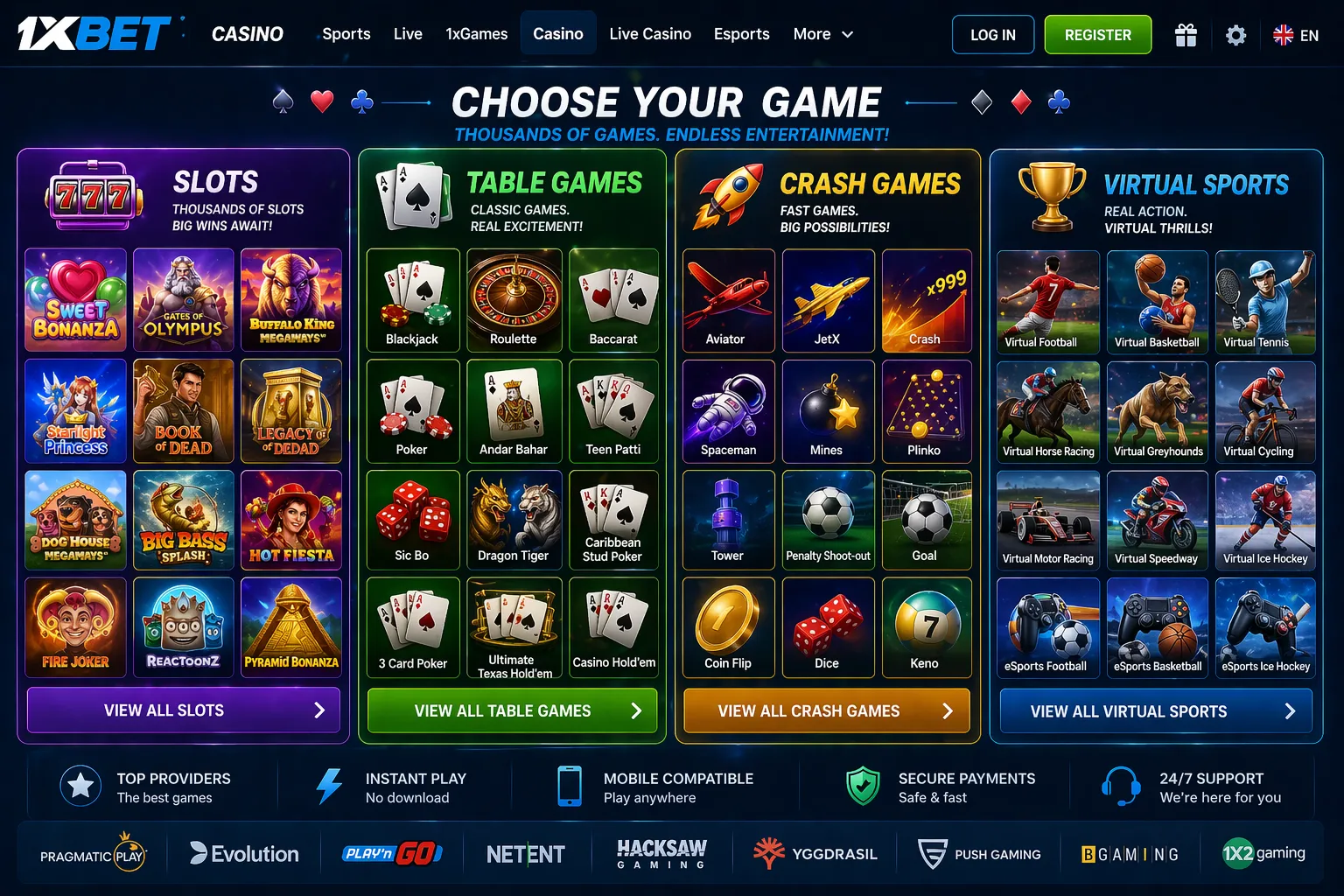 Grid view of various casino game categories on 1xBet — slots, table games, crash games, and virtual sports