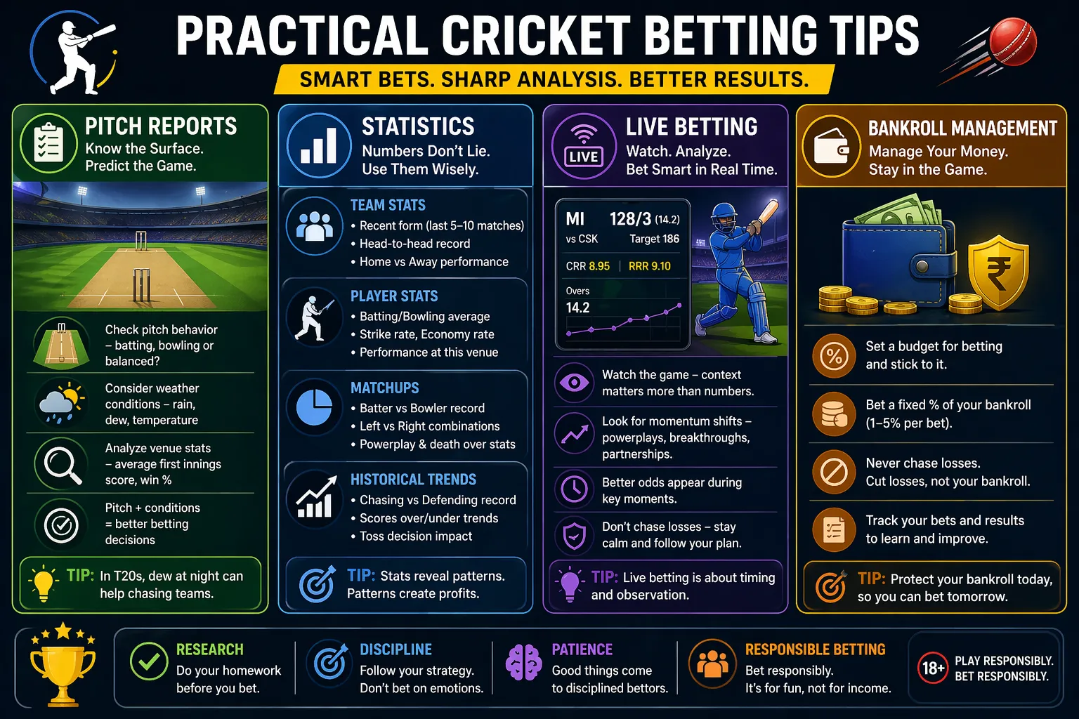 Cricket betting tips covering pitch reports, statistics, live betting, and bankroll management