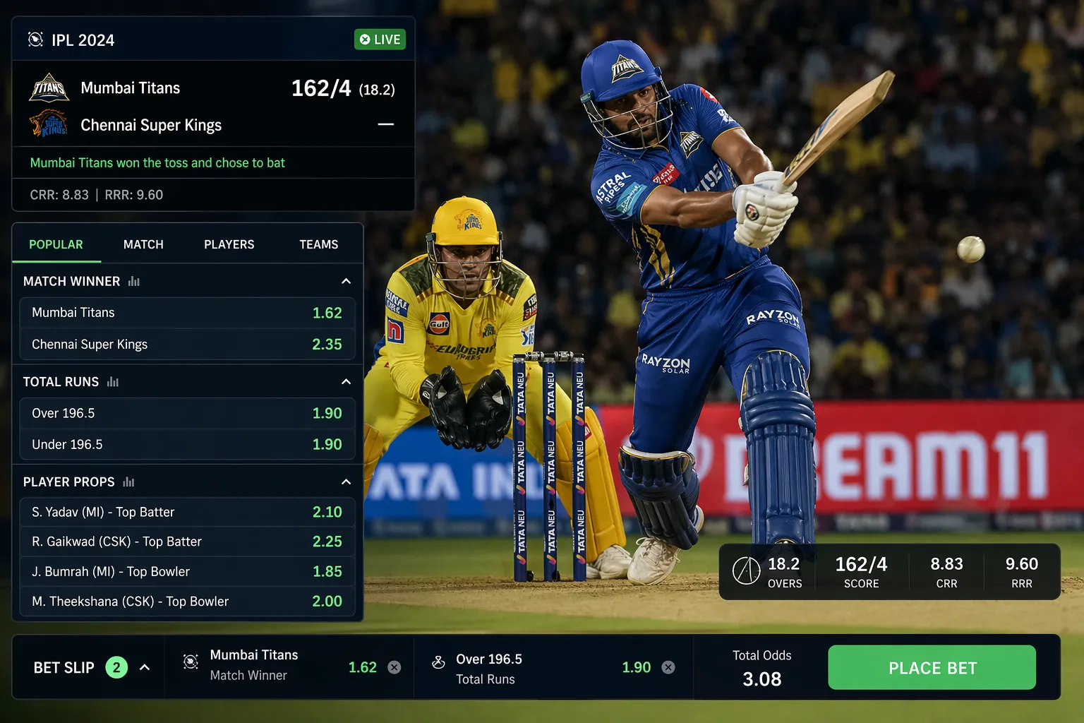Dynamic cricket match scene with betting overlay showing popular markets like Match Winner, Total Runs, and Player Props