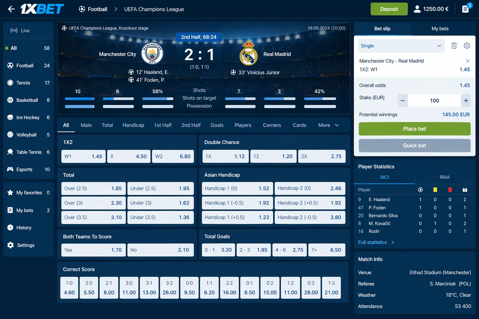 Detailed view of football match markets on 1xBet showing 1X2, over/under, handicaps, and player statistics options
