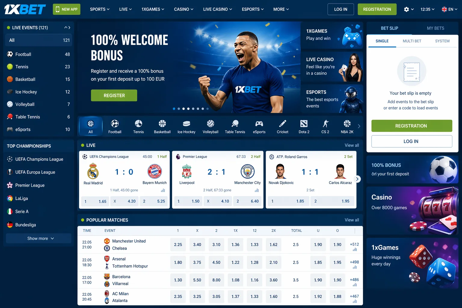 Clean screenshot of the 1xBet homepage showcasing the vibrant sports betting lobby with live events, popular matches, and navigation menu